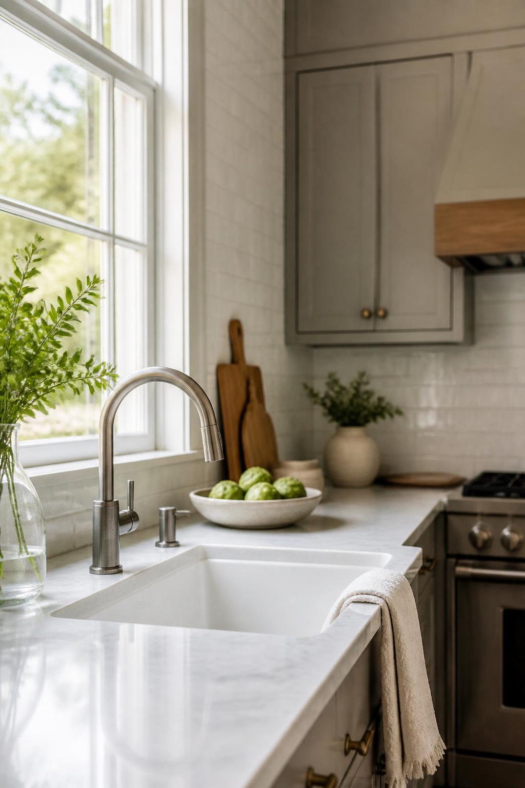 Modern kitchen with a clean sink area and natural light.