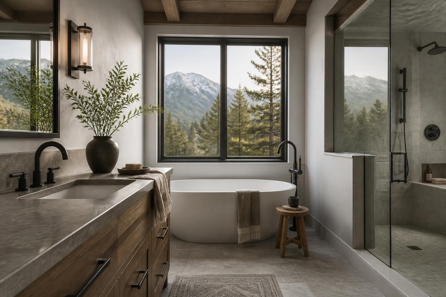 Modern bathroom with polished fixtures and soft natural light.